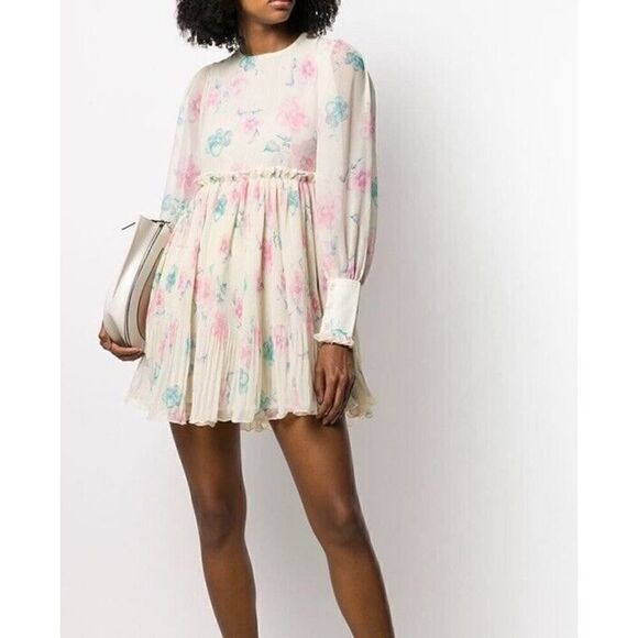 NWT GANNI MINI DRESS PLEATED GEORGETTE AFTERGLOW SZ 36 US 4 - Picture 2 of 11
